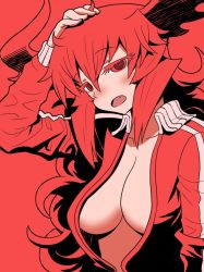 Rule 34 | 1girl, breasts, demon girl, demon horns, fang, horns, jacket, large breasts, long hair, maou beluzel, matsuda yuusuke, no bra, open clothes, open jacket, red background, red eyes, red hair, red theme, solo, track jacket, upper body, yuusha to maou
