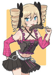 Rule 34 | 1girl, absurdres, bare shoulders, belt, black skirt, blonde hair, blue eyes, blush, bow, collarbone, cowboy shot, criss-cross halter, dairenji suzuka, detached sleeves, drill hair, eating, food, frilled sleeves, frills, hair bow, halterneck, hand on own hip, heart, highres, holding, licking, looking at viewer, midriff, miniskirt, nail polish, navel, ribbon, simple background, skirt, smile, solo, standing, tokyo ravens, tongue, tongue out, twin drills, twintails, urin (littleurin)