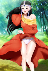 Rule 34 | 1girl, bare legs, black hair, blurry, blurry background, blush, breasts, day, dragon quest, dragon quest dai no daibouken, dress, female focus, floating hair, forest, groin, hair ornament, highres, knees together feet apart, legs, long hair, looking at viewer, medium breasts, merle (dragon quest dai no daibouken), nature, off-shoulder dress, off shoulder, open mouth, orange dress, outdoors, panties, pantyshot, red eyes, smile, solo, standing, thighs, tree, underwear, wind, yadokari genpachirou