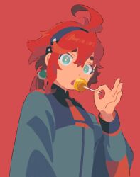 Rule 34 | 1girl, ahoge, aqua eyes, asticassia school uniform, black hairband, candy, commentary, dou (mame eee), food, green jacket, gundam, gundam suisei no majo, hair between eyes, hairband, highres, holding, holding candy, holding food, holding lollipop, jacket, lollipop, long hair, long sleeves, looking at viewer, low ponytail, open mouth, red background, red hair, school uniform, simple background, solo, suletta mercury, symbol-only commentary, thick eyebrows, upper body