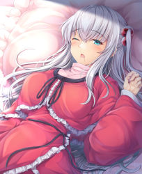 Rule 34 | 1girl, aqua eyes, blush, breasts, capelet, colored eyelashes, dress, frilled capelet, frilled dress, frills, hair between eyes, hair bobbles, hair ornament, hand up, highres, large breasts, long hair, long sleeves, lying, on back, on bed, one eye closed, open mouth, pink shirt, red capelet, red dress, saliva, shinki (touhou), shiny clothes, shiny skin, shirt, side ponytail, silver hair, slit pupils, solo, touhou, turtleneck, upper body, waking up, yanagi no ki
