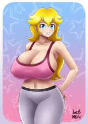 Rule 34 | 1girl, azraelwebster, blonde hair, blue eyes, breasts, cleavage, covered erect nipples, hand on own hip, highres, huge breasts, legs, mario (series), midriff, navel, nintendo, pants, princess peach, smile, solo, sports bra, thick thighs, thighs, wide hips, yoga pants