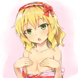 Rule 34 | 10s, 1girl, :o, bare shoulders, blonde hair, blush, bow, breasts, breasts out, collarbone, covering privates, covering breasts, frills, green eyes, hair bow, hairband, head tilt, highres, idolmaster, idolmaster cinderella girls, japanese clothes, kimono, lolita hairband, looking at viewer, off shoulder, open clothes, open kimono, open mouth, pink background, red bow, sakurai momoka, seneto, short hair, simple background, small breasts, solo, upper body