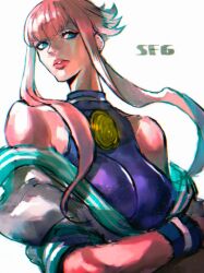 Rule 34 | 1girl, bare shoulders, blue eyes, breasts, crossed arms, highres, jacket, large breasts, lips, long hair, manon legrand, pink hair, sleeveless, street fighter, street fighter 6, yohane