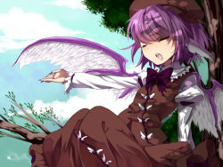 Rule 34 | 1girl, animal ears, dress, closed eyes, female focus, fingernails, hat, in tree, long fingernails, mikan (ama no hakoniwa), music, mystia lorelei, nail, open mouth, outstretched arm, pink hair, short hair, singing, sitting, sitting in tree, solo, touhou, tree, wings