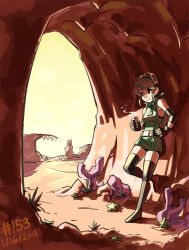 Rule 34 | 1girl, 2013, against wall, belt, black thighhighs, brown hair, cave, cup, dated, dress, elbow pads, gloves, goggles, goggles on head, green eyes, highres, junkpuyo, long hair, original, plume (junkpuyo), ponytail, short dress, sleeveless, solo, standing, standing on one leg, thighhighs, zipper