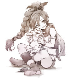 Rule 34 | 1girl, animal, belt, boots, bracelet, braid, braided ponytail, dragon quest, dragon quest xi, full body, greyscale, grin, hair ribbon, jewelry, long hair, longdenkikettle, looking at viewer, maya (dq11), monochrome, navel, ribbon, scarf, shorts, simple background, single braid, smile, solo, vest, white background