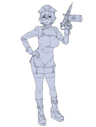 Rule 34 | biohazard symbol, breasts, commentary, covered navel, cross, dress, full body, garter straps, glasses, gloves, greyscale, hand on own hip, hat, highres, holding, holding weapon, large breasts, long sleeves, monochrome, nurse, nurse cap, onsen tamago (hs egg), original, parted lips, platform footwear, red cross, shoes, short dress, short hair, side slit, simple background, sleeve cuffs, socks, standing, symbol-only commentary, syringe gun, taeko (onsen tamago), thighhighs, tight clothes, weapon, white background