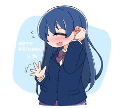 Rule 34 | 1girl, artist name, artist request, blue cardigan, blue hair, blue jacket, blush, bow, bowtie, breasts, buttons, cardigan, collared shirt, closed eyes, female focus, hair between eyes, hand wave, jacket, long hair, long sleeves, looking at viewer, love live!, love live! school idol project, otonokizaka school uniform, parted lips, red bow, school uniform, shirt, small breasts, smile, solo, sonoda umi, striped, striped bow, sweatdrop, sweater vest, undershirt, upper body, vest, white shirt, wing collar, yellow vest
