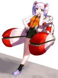 Rule 34 | 1girl, :p, black skirt, black socks, breasts, dutch angle, hair bobbles, hair ornament, hand on own hip, hand up, hoshino ruri, kfr, kidou senkan nadesico, light purple hair, long sleeves, looking at viewer, machinery, pencil skirt, purple footwear, shoes, simple background, skirt, small breasts, socks, solo, standing, tongue, tongue out, twintails, vest, white background, yellow eyes