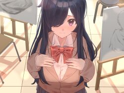 Rule 34 | 1girl, akira tooru, black hair, blazer, blue skirt, bow, bowtie, brown jacket, chair, closed mouth, collared shirt, commentary request, easel, hair over one eye, hands on own chest, highres, indoors, jacket, long hair, long sleeves, looking at viewer, one eye covered, original, partial commentary, pleated skirt, purple eyes, red bow, red bowtie, school uniform, shirt, skirt, solo, white shirt