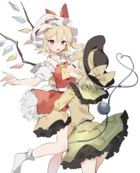 Rule 34 | 2girls, :d, ascot, back bow, bare legs, black headwear, blonde hair, blouse, bobby socks, bow, breasts, closed eyes, collared shirt, cowboy shot, diamond (shape), facing another, flandre scarlet, foot out of frame, frilled hat, frilled shirt collar, frilled skirt, frilled socks, frills, green hair, green skirt, happy, hat, hat bow, hat ribbon, heart, heart of string, highres, komeiji koishi, lifting person, long sleeves, looking at another, medium hair, mob cap, multicolored wings, multiple girls, one side up, open mouth, petticoat, puffy short sleeves, puffy sleeves, red bow, red eyes, red ribbon, red skirt, red vest, ribbon, shirt, short hair, short sleeves, simple background, skirt, sleeves past wrists, small breasts, smile, socks, sorani (kaeru0768), third eye, touhou, vest, white background, white bow, white headwear, white shirt, white socks, wide sleeves, wings, yellow ascot, yellow bow, yellow ribbon, yellow shirt