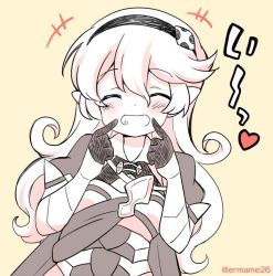 Rule 34 | 1girl, armor, closed eyes, corrin (female) (fire emblem), corrin (fire emblem), eromame, fire emblem, fire emblem fates, grin, hairband, long hair, monochrome, nintendo, pointy ears, simple background, smile, solo, twitter username, upper body