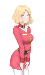 Rule 34 | 1girl, blonde hair, blue eyes, breasts, collarbone, gundam, highres, kyounami, lips, looking at viewer, medium breasts, military, military uniform, mobile suit gundam, sayla mass, short hair, simple background, solo, uniform, white background