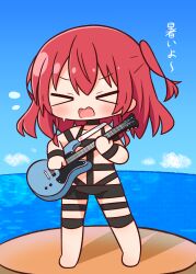 Rule 34 | &gt; &lt;, 1girl, bare shoulders, barefoot, black choker, blue sky, blush, bocchi the rock!, chibi, choker, closed eyes, cloud, collarbone, day, electric guitar, facing viewer, flying sweatdrops, full body, guitar, hair between eyes, hana kazari, highres, holding, holding instrument, horizon, hot limit, instrument, kita ikuyo, long hair, ocean, one side up, open mouth, outdoors, red hair, revealing clothes, sky, solo, translation request, water, wavy mouth