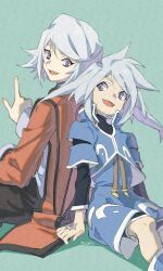 Rule 34 | 1boy, 1girl, age difference, blue eyes, brother and sister, genius sage, grey eyes, grey hair, highres, long hair, long sleeves, looking at another, nanpou (nanpou0021), open mouth, raine sage, siblings, simple background, smile, tales of (series), tales of symphonia, white hair