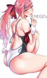 Rule 34 | 1girl, absurdres, arm support, asakawa (outeq), ass, bare shoulders, blush, bow, braid, breasts, character name, commentary request, girls&#039; frontline, hair between eyes, hair bow, hair ornament, hair ribbon, hairclip, hexagram, highres, index finger raised, jewelry, long hair, looking at viewer, nail polish, negev (girls&#039; frontline), one-piece swimsuit, one side up, open mouth, pink hair, red bow, red eyes, ribbon, ring, shiny skin, simple background, smile, solo, star of david, swimsuit, tongue, tongue out, wedding band, white background