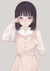 Rule 34 | 1girl, absurdres, bad id, bad pixiv id, black hair, blush, brown eyes, brown nails, commentary request, crying, crying with eyes open, dress, grey background, hands up, highres, long hair, long sleeves, looking at viewer, original, parted lips, pink dress, shirt, simple background, sleeveless, sleeveless dress, solo, tears, tsuruse, upper body, wavy mouth, white shirt, wiping tears
