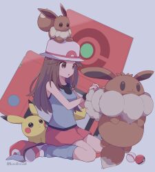 Rule 34 | 1girl, 343rone, :o, absurdres, bag, black wristband, blue shirt, blue socks, brown bag, brown eyes, brown hair, bucket hat, commentary request, creatures (company), eevee, game freak, gen 1 pokemon, hair flaps, hat, highres, holding, holding bag, leaf (pokemon), long hair, loose socks, nintendo, on head, partial commentary, pikachu, pleated skirt, poke ball, poke ball (basic), pokemon, pokemon (creature), pokemon frlg, pokemon on head, premier ball, red skirt, shirt, shoes, skirt, sleeveless, sleeveless shirt, socks, unworn hat, unworn headwear, white footwear, white headwear, wristband