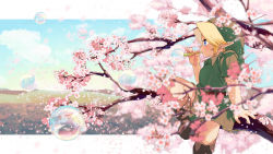 Rule 34 | 1boy, ao haruki, belt, blonde hair, blue eyes, boots, brown footwear, bubble, blowing bubbles, cherry blossoms, falling petals, flower, green headwear, green tunic, highres, in tree, leg up, letterboxed, link, male focus, nintendo, outdoors, parted bangs, petals, pink flower, pointy ears, profile, short hair, short sleeves, sidelocks, sitting, the legend of zelda, the legend of zelda: ocarina of time, tree