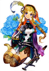 Rule 34 | 1girl, artist request, blonde hair, blue eyes, blue flower, blue rose, boots, braid, flower, gloves, grand knights history, hat, highres, lisha stalake, long hair, rose, simple background, solo, sword, thigh boots, thighhighs, weapon, white background