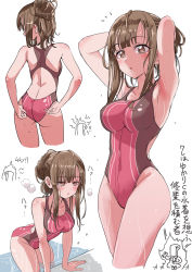 Rule 34 | 1girl, :o, absurdres, adjusting clothes, adjusting swimsuit, arm support, armpits, arms up, ass, backless swimsuit, bare arms, bare shoulders, blush, breasts, brown eyes, brown hair, collarbone, commentary request, competition swimsuit, hair bun, highres, idolmaster, idolmaster cinderella girls, leaning forward, long hair, medium breasts, mizumoto yukari, multiple views, one-piece swimsuit, parted lips, pizzasi, red one-piece swimsuit, single hair bun, swimsuit, translation request, water, wet, white background
