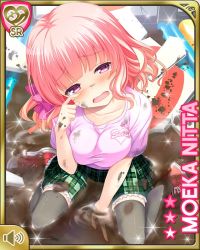 Rule 34 | 1girl, bow, dirt, dirty, frown, girlfriend (kari), green skirt, hand on own face, indoors, looking at viewer, mud, nitta moeka, official art, open mouth, pink bow, pink hair, pink shirt, plaid, plaid skirt, purple eyes, qp:flapper, school uniform, shirt, shoes, short hair, skirt, solo, tagme, thighhighs