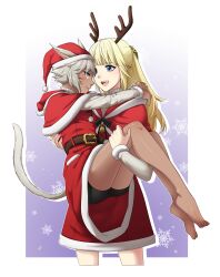 2girls absurdres animal_ears antlers arms_around_neck bamboo9545 barefoot black_shorts blonde_hair blue_eyes capelet cat_ears cat_girl cat_tail christmas commentary dark-skinned_female dark_skin dress facial_mark final_fantasy final_fantasy_xiv grey_eyes grey_hair hat highres horns hume long_hair long_sleeves lyse_hext miqo&#039;te multiple_girls open_mouth ponytail red_capelet red_dress reindeer_antlers santa_costume santa_dress santa_hat short_hair shorts smile tail toes whisker_markings y&#039;shtola_rhul yuri