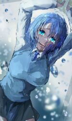 Rule 34 | 1girl, black skirt, blue eyes, blue hair, blue necktie, blue sweater vest, collared shirt, commentary request, cowboy shot, crying, crying with eyes open, highres, kurokawa akane, looking at viewer, looking down, m.c (miraimakoto222), medium hair, messy hair, necktie, open mouth, oshi no ko, shirt, signature, sketch, skirt, solo, sweater vest, tears, teeth, white shirt