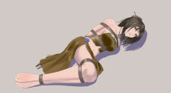 Rule 34 | 1girl, absurdres, bare arms, bare legs, bare shoulders, barefoot, bdsm, bondage, bound, brown hair, feet, final fantasy, final fantasy xiii, flower ornament, highres, knees, lebreau, looking at viewer, open mouth, rainnear, rope, simple background, solo, toes, yellow eyes