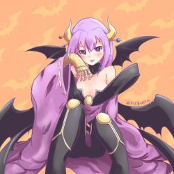 Rule 34 | breasts, cosplay, demon horns, demon wings, digimon, digimon (creature), digimon story: sunburst and moonlight, faguna, horns, lilithmon, lilithmon (cosplay), low wings, purple eyes, purple hair, sayo (digimon), small breasts, wings