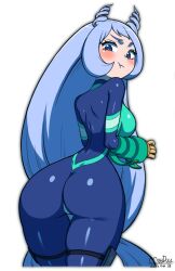 Rule 34 | 1girl, absurdres, artist name, ass, blue bodysuit, blue eyes, blush, bodysuit, boku no hero academia, breasts, commentary request, cropped legs, dated, drill hair, from behind, gloves, green bodysuit, hadou nejire, hair horns, highres, long hair, looking at viewer, maydaykiki, medium breasts, multicolored bodysuit, multicolored clothes, narrow waist, pout, simple background, skin tight, solo, turning head, twin drills, very long hair, white background, yellow gloves