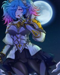 Rule 34 | 1girl, armor, blue hair, fire emblem, fire emblem fates, full moon, highres, looking at viewer, moon, multicolored hair, nintendo, open mouth, peri (fire emblem), pink hair, red eyes, roman s, shoulder armor, skirt, twintails, two-tone hair