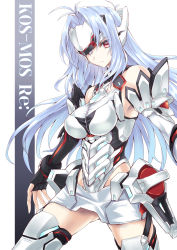Rule 34 | 1girl, black gloves, blue hair, breasts, character name, closed mouth, fingerless gloves, gloves, highres, kos-mos, kos-mos re:, kurokawa (silve), long hair, nintendo, red eyes, simple background, solo, standing, white background, xenoblade chronicles (series), xenoblade chronicles 2, xenosaga, xenosaga episode i, xenosaga episode ii, xenosaga episode iii