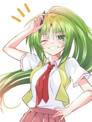 Rule 34 | 1girl, 3105lave, blush, breasts, collared shirt, commentary request, cowboy shot, green eyes, green hair, grin, hand on own hip, hand up, high ponytail, highres, higurashi no naku koro ni, long hair, looking at viewer, medium breasts, necktie, notice lines, one eye closed, open mouth, pen, pleated skirt, ponytail, red necktie, school uniform, shirt, short sleeves, simple background, skirt, smile, solo, sonozaki mion, standing, teeth, upper body, very long hair, vest, white background, white shirt