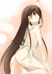 Rule 34 | 1boy, androgynous, apron, ass, back, bell, blush, brown eyes, brown hair, cowboy shot, crossdressing, frills, from behind, fuuchouin kazuki, getbackers, hair ornament, hair tubes, jingle bell, knee up, long hair, looking at viewer, male focus, naked apron, papillon10, parted lips, ribbon, simple background, solo, trap, very long hair