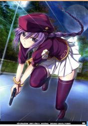 Rule 34 | 00s, 1girl, braid, gift, hat, highres, holding, holding gift, long hair, looking at viewer, melty blood, mikazuki akira!, moon, night, outdoors, pleated skirt, purple eyes, purple hair, purple thighhighs, road, running, sion eltnam atlasia, skirt, solo, street, thighhighs, tree, tsukihime, white skirt, zettai ryouiki