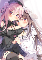 Rule 34 | 2girls, animal ears, bare shoulders, black dress, black legwear, black vs white, blush, breasts, brown hair, cleavage, closed mouth, clothing cutout, commentary request, curtains, dress, flower, gothic lolita, hair between eyes, hair flower, hair ornament, holding hands, interlocked fingers, juliet sleeves, lolita fashion, long hair, long sleeves, looking at viewer, medium breasts, multiple girls, nail polish, original, pan (mimi), parted lips, pink flower, pink hair, pink nails, pink rose, puffy sleeves, rabbit ears, red eyes, rose, shoulder cutout, thighhighs, transparent, very long hair, white dress, wide sleeves, yuri