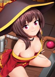 Rule 34 | 1girl, alcohol, areola slip, artist name, bare shoulders, beer, black choker, black hat, blush, breasts, brown hair, choker, closed mouth, collarbone, cup, downblouse, dress, female focus, from above, happy, hat, indoors, kono subarashii sekai ni shukufuku wo!, light blush, long sleeves, looking at viewer, medium hair, megumin, mug, neocoill, no bra, off shoulder, on table, patreon logo, patreon username, pink eyes, red dress, shiny skin, sitting, small breasts, smile, solo, staff, table, wariza, watermark, web address, witch hat
