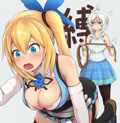 Rule 34 | .live, 2girls, all fours, antenna hair, bad id, bad pixiv id, bare shoulders, black legwear, black skirt, blonde hair, blue eyes, blue flower, blue rose, blue skirt, blush, breasts, brown footwear, bustier, butterfly hair ornament, cleavage, elbow gloves, evil smile, flower, gloves, hair between eyes, hair ornament, jyu-zu, large breasts, long hair, looking at another, miniskirt, mirai akari, mirai akari project, multiple girls, open mouth, pantyhose, pleated skirt, ribbed shirt, ribbon, rope, rose, scared, scrunchie, shirt, short hair, side ponytail, dennou shoujo siro, skirt, sleeveless, sleeveless shirt, smile, sparkle, standing, strap gap, suspender skirt, suspenders, tears, thighhighs, virtual youtuber, white gloves, white hair, white shirt, wrist scrunchie