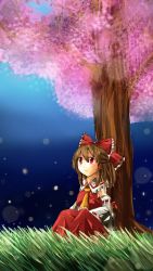 Rule 34 | 1girl, ascot, blue background, bow, brown hair, cherry blossoms, detached sleeves, facing away, fireflies, gradient background, grass, hair bow, hair tubes, hakurei reimu, half updo, hands on lap, light smile, night, omochi (momizi-gc), outdoors, red eyes, ribbon-trimmed sleeves, ribbon trim, sidelocks, sitting, sketch, skirt, skirt set, solo, touhou, tree