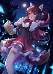 Rule 34 | 1girl, :o, animal ear fluff, animal ears, bow, brown hair, capelet, corset, fang, forest, frilled legwear, frilled skirt, frills, full moon, highres, hood, hooded capelet, light particles, little red riding hood, little red riding hood (grimm), long hair, mishiro (iromishiro), moon, nature, night, original, petals, picnic basket, skirt, tail, tree, white legwear, wolf ears, wolf tail, yellow eyes