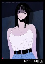 Rule 34 | 1girl, belt, black belt, black border, black hair, blunt bangs, border, camisole, character name, chris re5, commentary, english commentary, instagram username, looking at viewer, medium hair, nico robin, one piece, simple background, solo, twitter username, white camisole