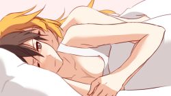 Rule 34 | 2girls, bad id, bad pixiv id, bed, bed sheet, blush, breasts, brown hair, charlotte e. yeager, gertrud barkhorn, hug, hug from behind, kisetsu, long hair, looking at another, lying, multiple girls, naked sheet, nude, on side, orange hair, short hair, sleeping, smile, strike witches, tank top, world witches series, yuri