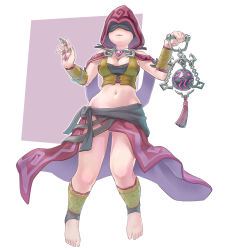 Rule 34 | 1girl, bare shoulders, barefoot, breasts, cleavage, closed mouth, clothing request, commentary, covered eyes, full body, gem, hands up, highres, himeshaga, holding, hood, hood up, jewelry, large breasts, medium breasts, midriff, navel, paladins, pink background, seris (paladins), simple background, solo, stomach, tagme, weapon, white background
