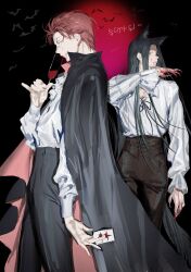 Rule 34 | 2boys, absurdres, animal ears, arm up, bat (animal), black cloak, black hair, black pants, blood, blood on face, blood on hands, card, chamuring, cloak, cup, earrings, frills, from side, halloween costume, highres, hisoka morow, holding, holding card, holding cup, hunter x hunter, illumi zoldyck, jewelry, licking blood, male focus, moon, multiple boys, pants, red hair, red moon, shirt, standing, vampire, white shirt, wolf ears
