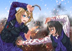 Rule 34 | 2girls, action, andou (girls und panzer), arm up, bc freedom school uniform, black dress, black hair, blonde hair, blood, blood on clothes, blood on face, blue eyes, blue jumpsuit, blue neckwear, blue sky, body armor, brown eyes, cardigan, commentary, dark-skinned female, dark skin, day, diagonal-striped clothes, diagonal-striped neckwear, dress, dress shirt, explosion, fighting, frown, girls und panzer, highres, holding, holding knife, holding weapon, jumpsuit, knife, long sleeves, looking at another, medium hair, messy hair, multiple girls, necktie, open mouth, oshida (girls und panzer), outdoors, pinafore dress, reverse grip, school uniform, shirt, sky, sleeveless, sleeveless dress, standing, striped clothes, striped neckwear, sweater around neck, tigern (tigern28502735), weapon, white shirt, wing collar