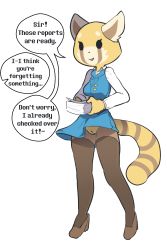 Rule 34 | 10s, 1girl, aggressive retsuko, animal ears, black eyes, black thighhighs, blue dress, breasts, brown footwear, brown thighhighs, cleft of venus, dress, english text, female focus, full body, furry, furry female, hands up, high heels, highres, holding, itsunknownanon, long sleeves, no panties, open mouth, paper, pussy, red panda, retsuko, shirt, shoes, short dress, simple background, sleeveless, sleeveless dress, small breasts, smile, solo, speech bubble, standing, tail, talking, text focus, thighhighs, uncensored, upskirt, white background, white shirt