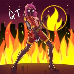 Rule 34 | 1girl, axe, boots, breasts, fire, gas mask, gender request, genderswap, gloves, gotwin, high heel boots, high heels, mask, pink hair, pyro (tf2), team fortress 2, thigh boots, thighhighs, weapon