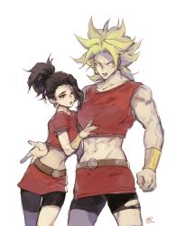 Rule 34 | 10s, 2girls, abs, akame (chokydaum), arm around waist, arm at side, asymmetrical hair, belt, belt buckle, bike shorts, black eyes, black hair, black shorts, blonde hair, bracelet, breasts, buckle, clenched hand, crop top, dragon ball, dragon ball super, dragonball z, dual persona, earrings, hand on another&#039;s chest, high ponytail, hoop earrings, jewelry, kale (dragon ball), leaning forward, leaning on person, legs apart, looking at viewer, midriff, miniskirt, multiple girls, muscular, muscular female, narrow waist, navel, no name given, no pupils, parted lips, pencil skirt, ponytail, red shirt, red skirt, shirt, short hair, short ponytail, short sleeves, shorts, shorts under skirt, sidelocks, signature, simple background, single hair intake, size difference, skirt, sleeveless, sleeveless shirt, spiked hair, standing, super saiyan, thigh gap, torn bike shorts, torn clothes, vambraces, white background, white eyes